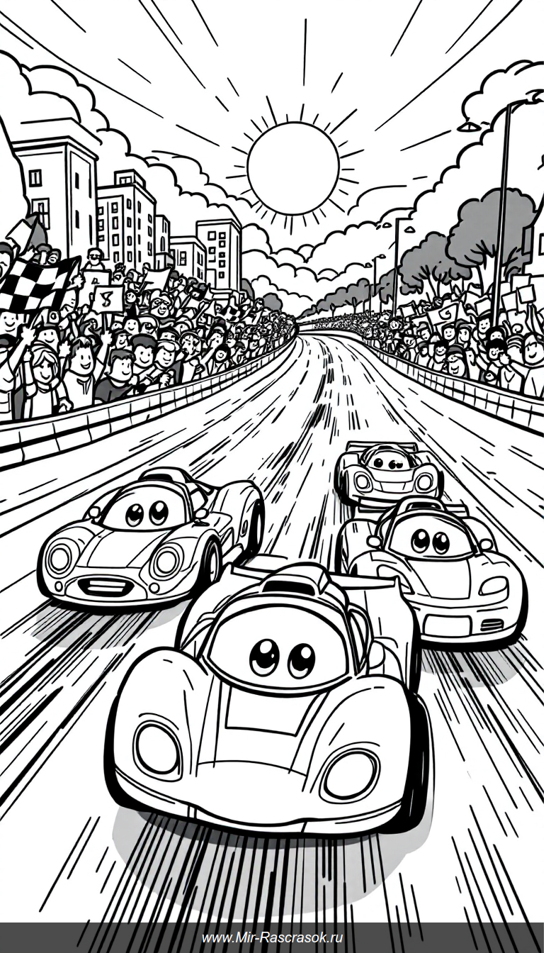 Дружелюбная гоночная сцена в стиле Roblox для детской раскраски