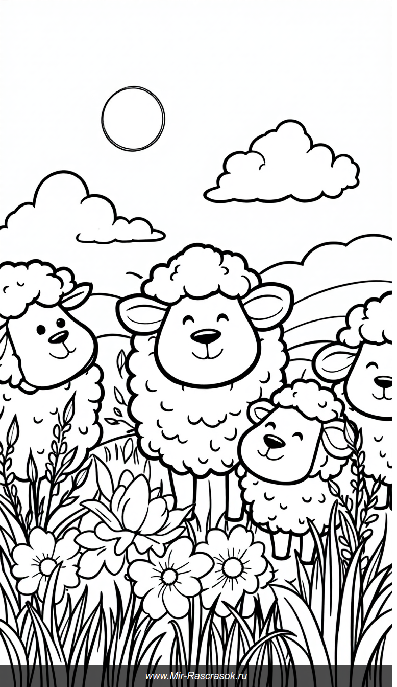 Весёлая поляна с овечками для детской раскраски