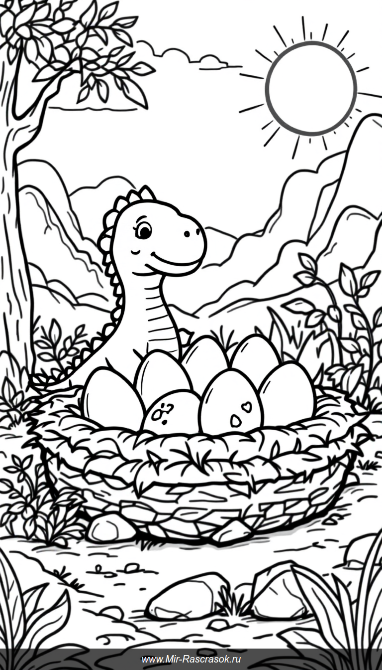 Раскраска с дружелюбным динозавром и его большими яйцами для малышей