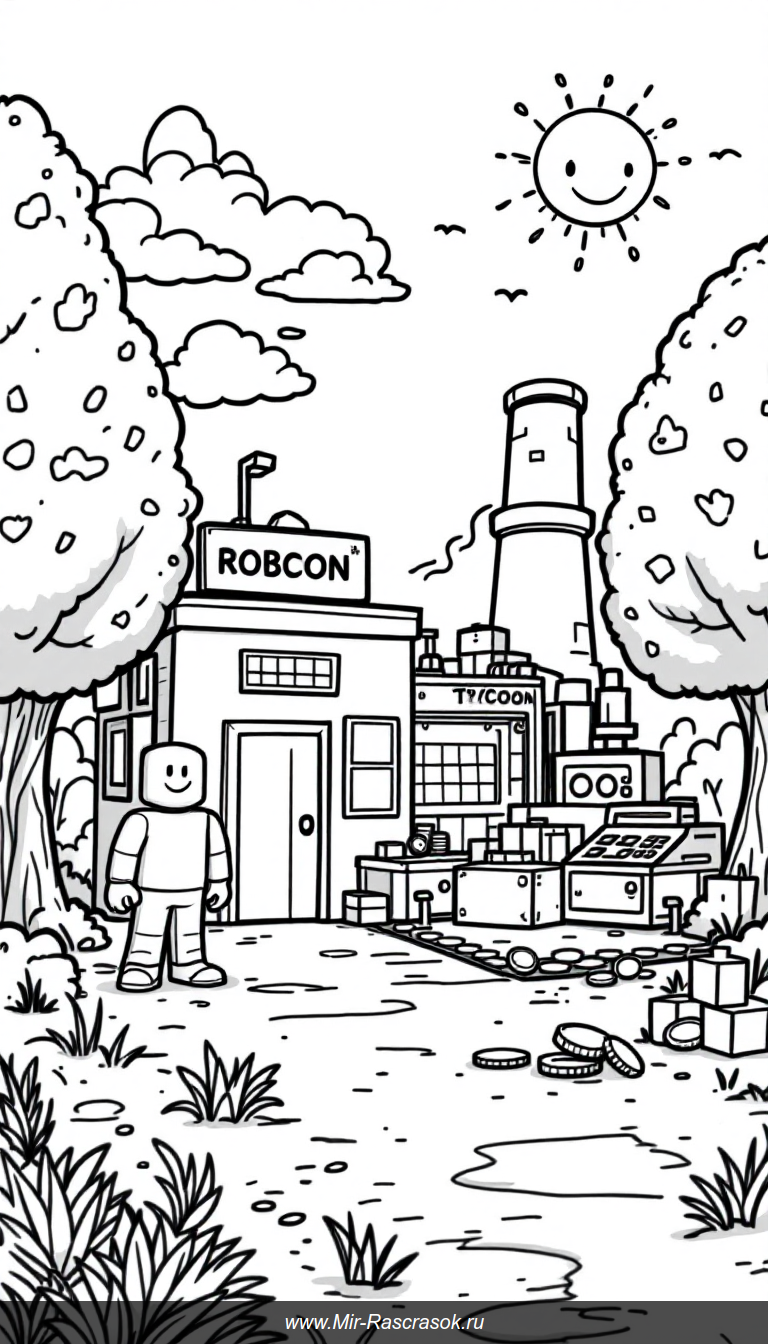 Раскраска Роблокс Тайкун с простыми формами и весёлым персонажем