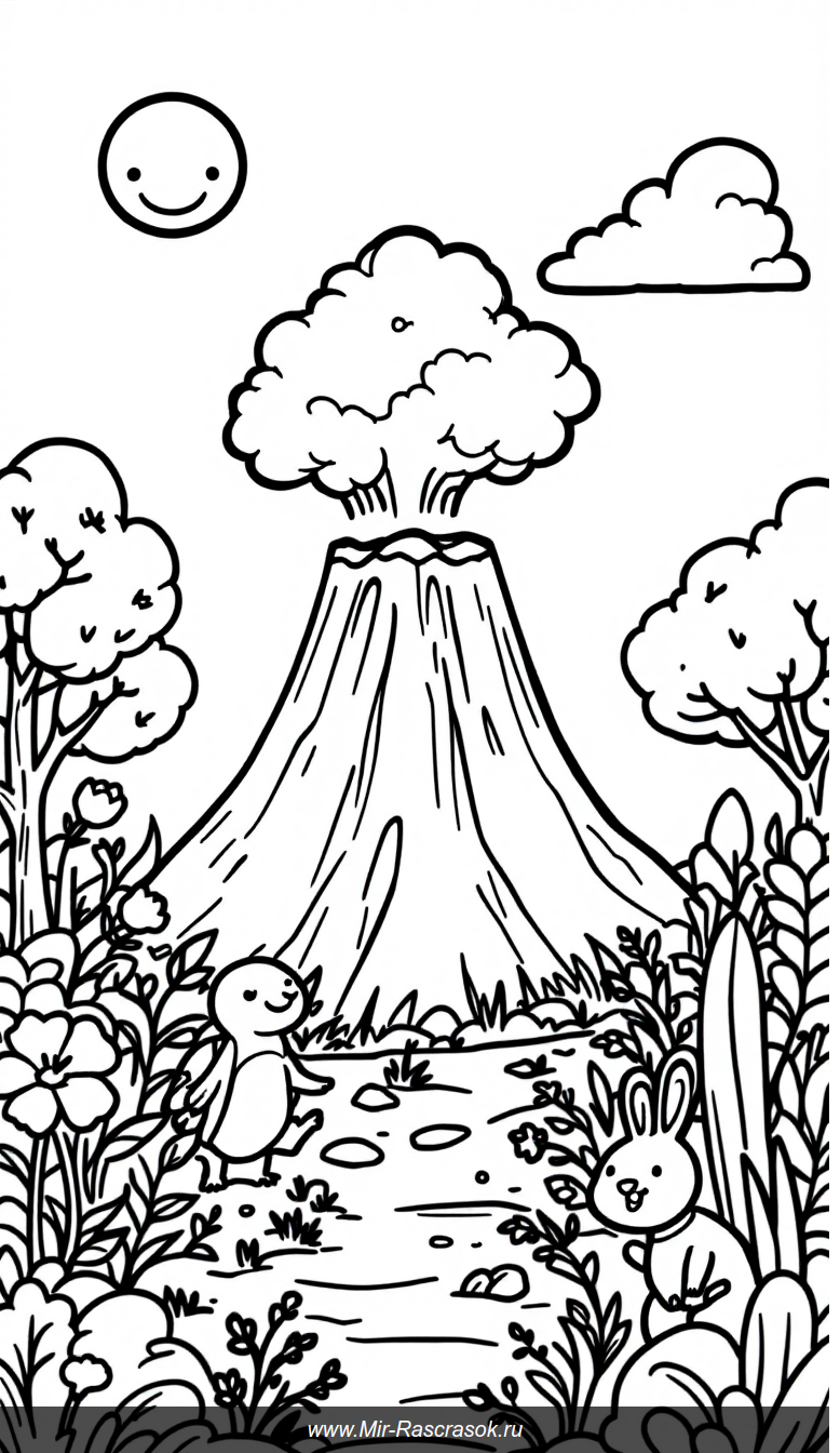 Дружелюбный вулкан и улыбающиеся животные в детской раскраске