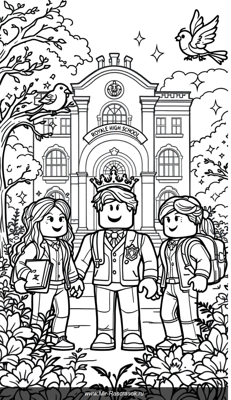 Веселая раскраска школа Royale High с героями Roblox в красивой форме