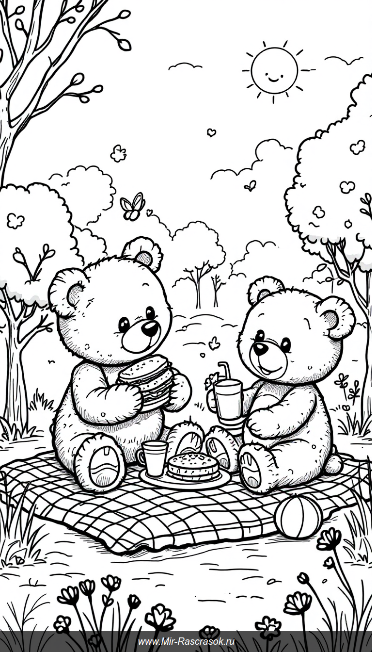 Веселый пикник медвежат в раскраске для детей на солнечном лугу