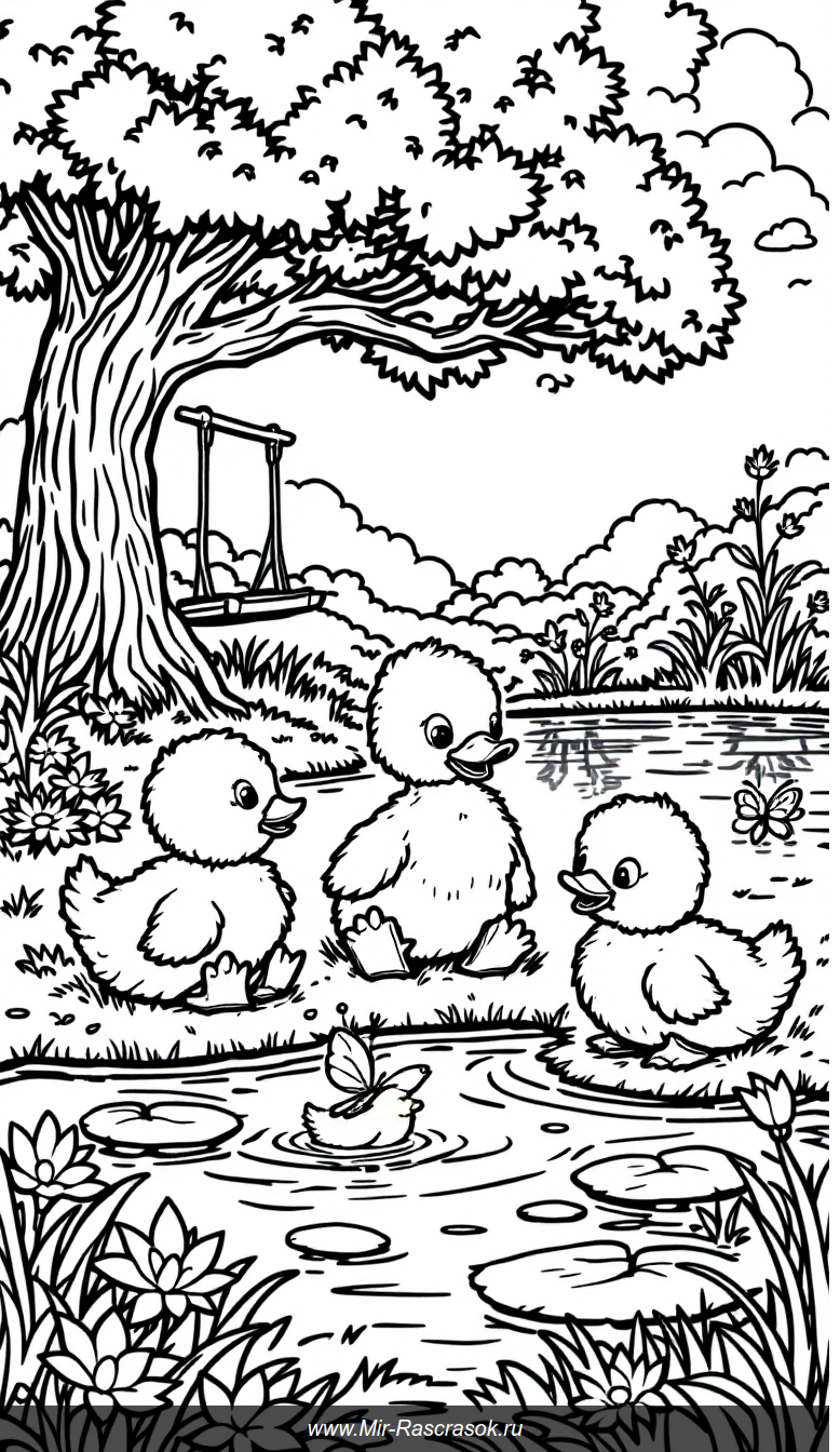 Раскраска с утятами у пруда для весёлого и лёгкого творчества детей