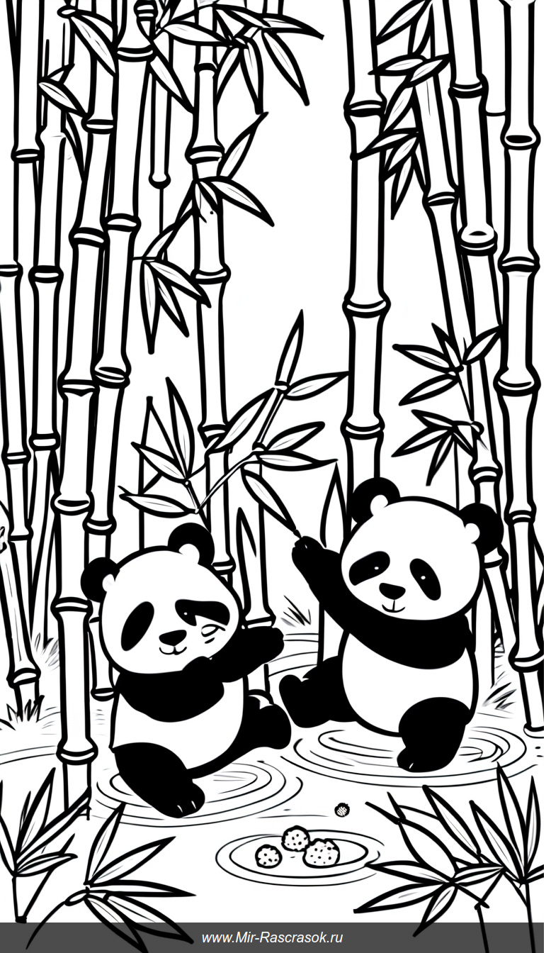 Раскраска с милыми пандами в бамбуковом лесу для всех возрастов