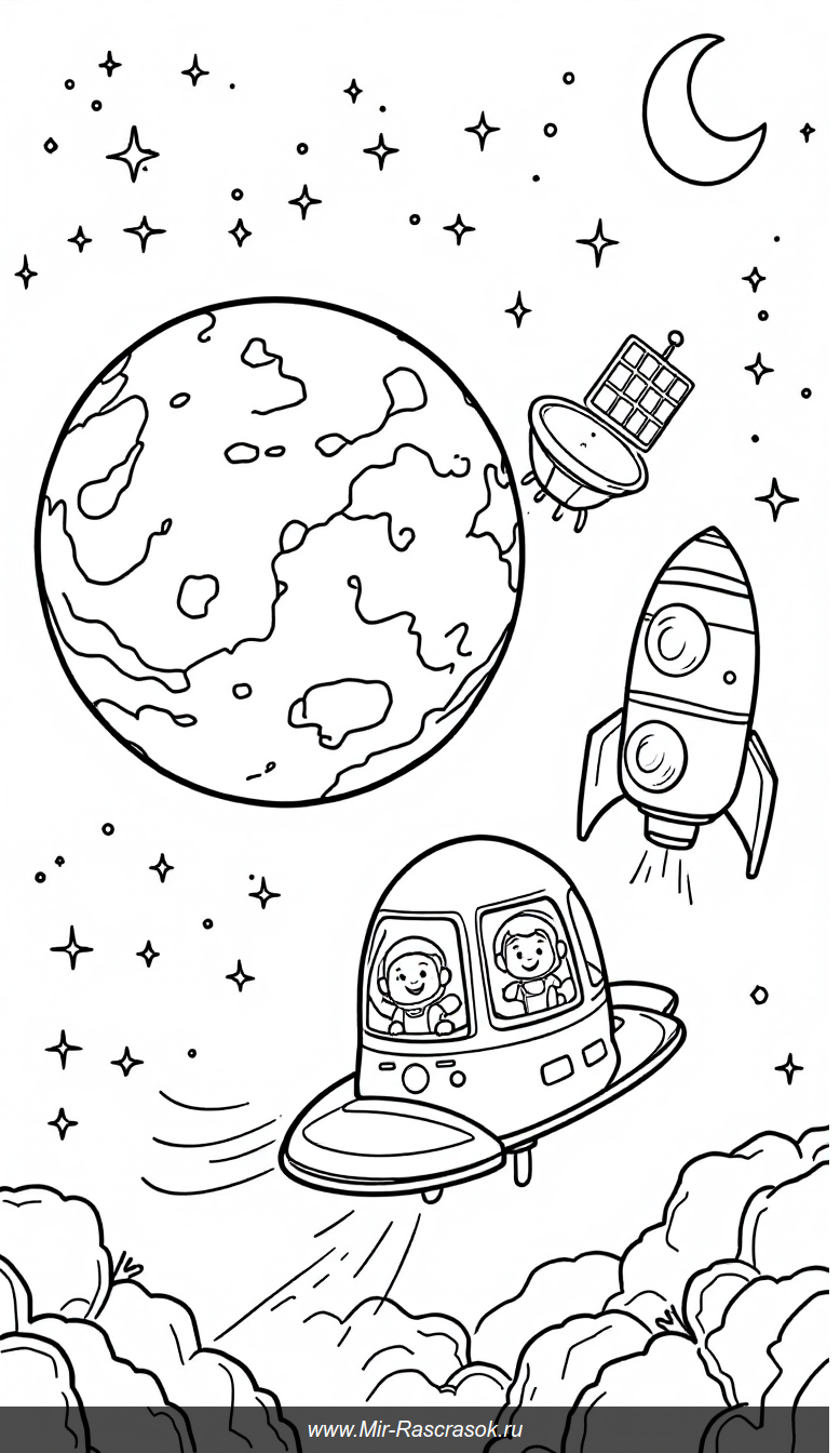 Весёлое космическое приключение для детей в раскраске с планетами и спутниками