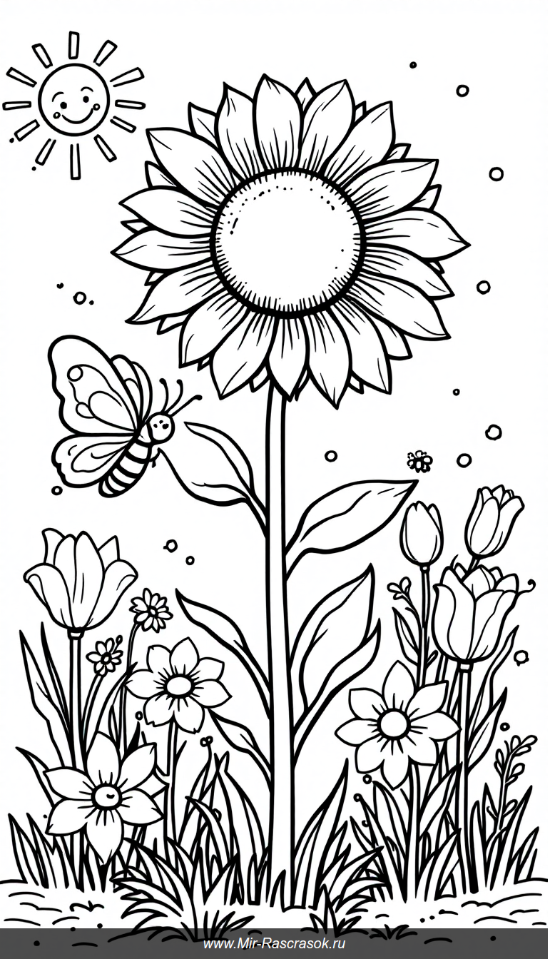 Весенняя раскраска для малышей с подсолнухом бабочкой и пчелой