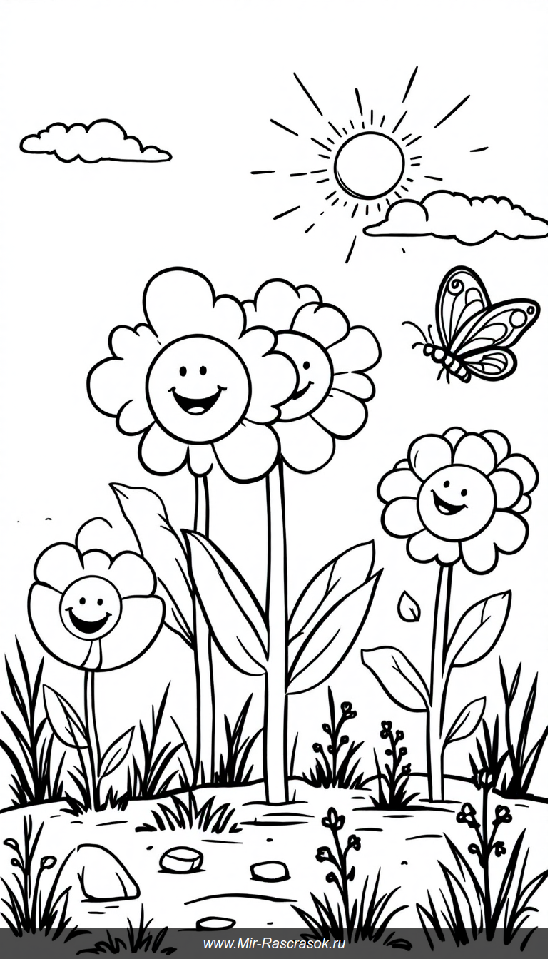 Весёлый сад для раскрашивания с улыбающимися цветами и бабочкой