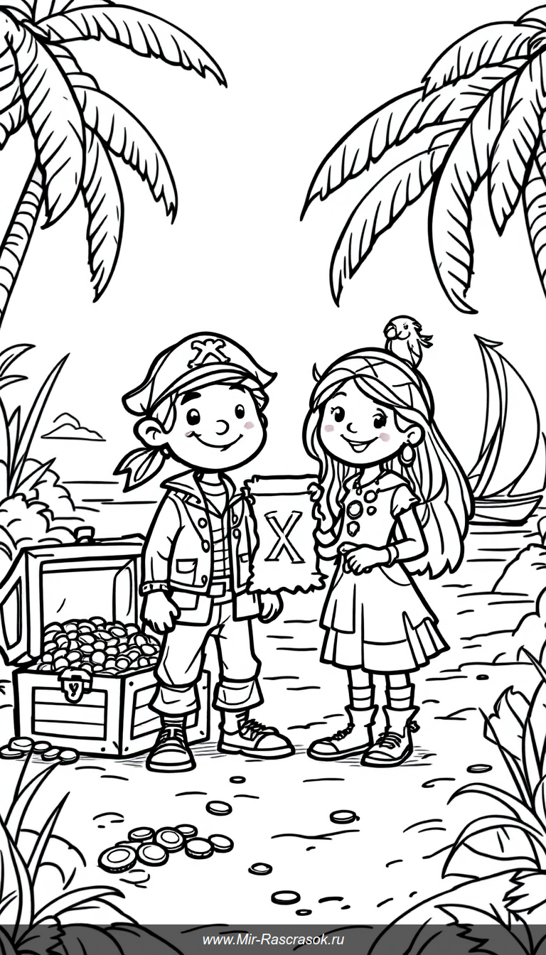 Отправляйтесь в веселое путешествие с пиратами ⚓️🏴‍☠️ и найдите сокровища на берегу 🌴💰 Эта черно-белая раскраска идеально подходит для детей, которые любят приключения и раскрашивание 🖍️ Развивайте воображение и творческие способности с простыми и дружелюбными персонажами 🏝️👧👦