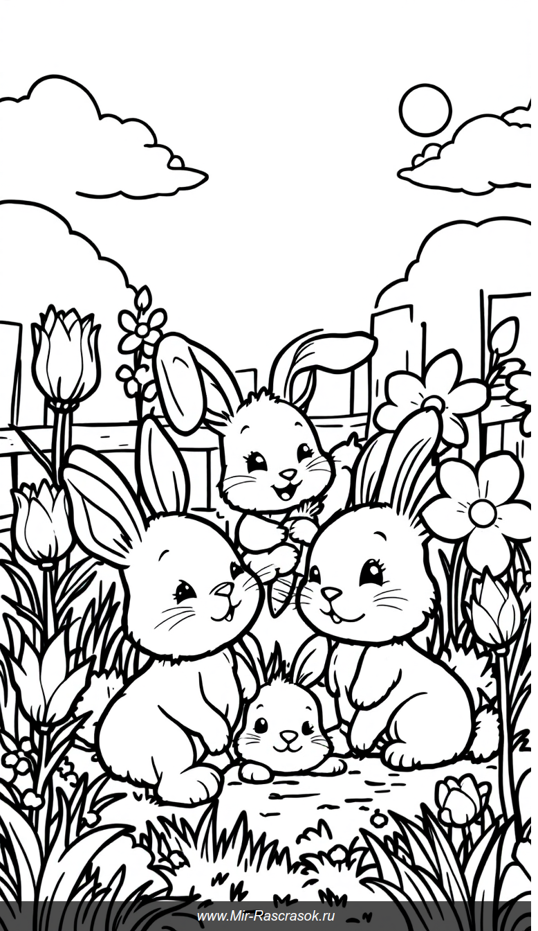 Веселые кролики на солнечной полянке для детской раскраски