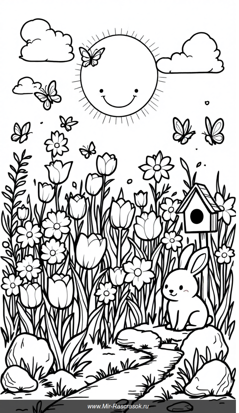 Веселая весенняя раскраска с солнцем зайчиком и цветами
