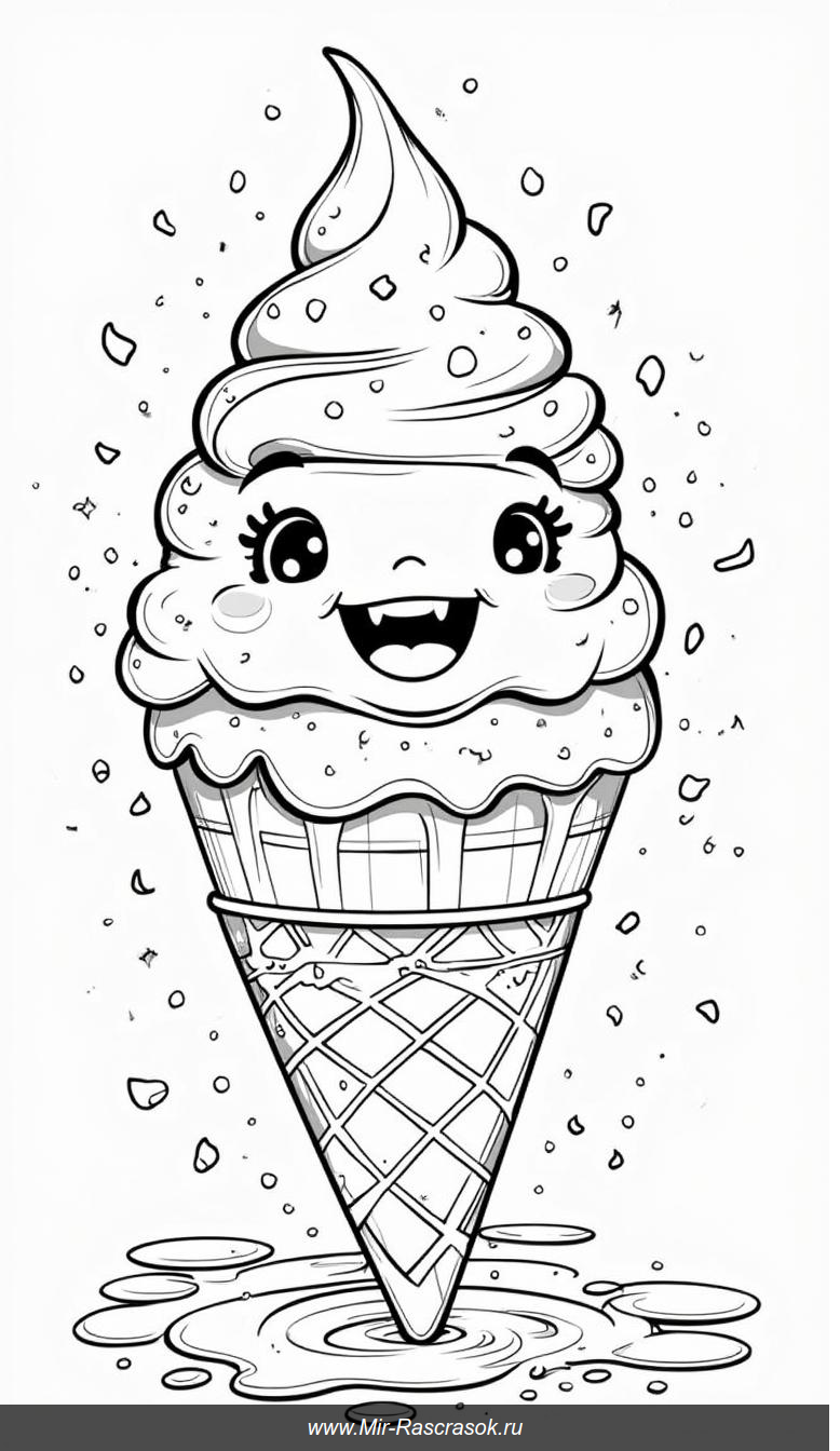 Веселый мороженый конус с улыбкой для раскраски