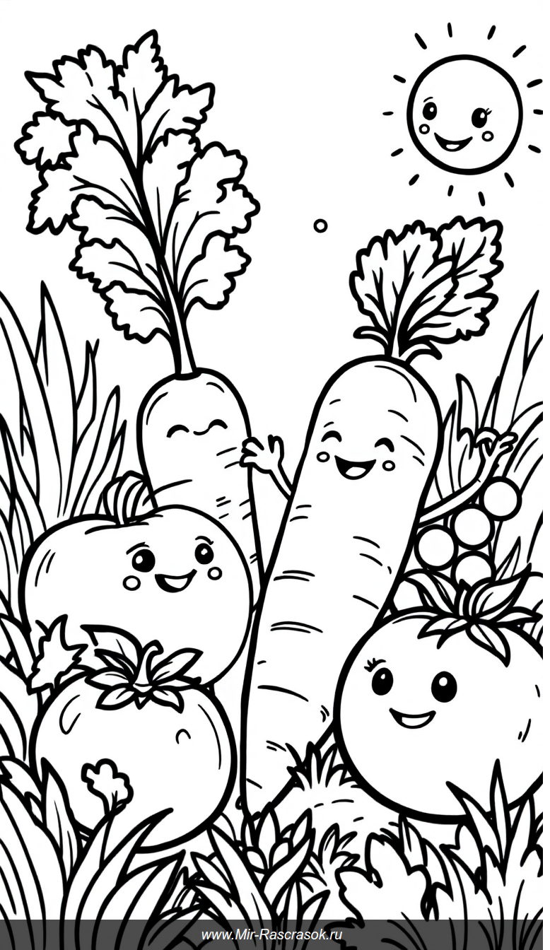 Веселые фрукты и овощи на солнечной раскраске для детей