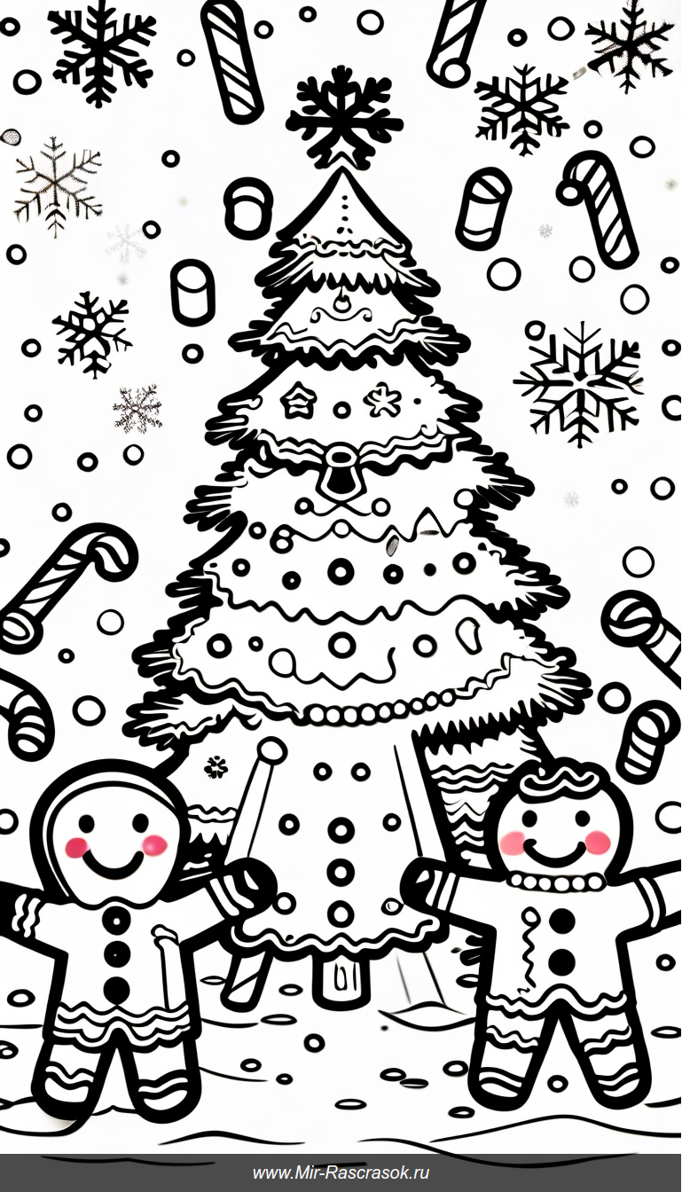 Весёлые пряничные друзья у ёлки в зимней раскраске