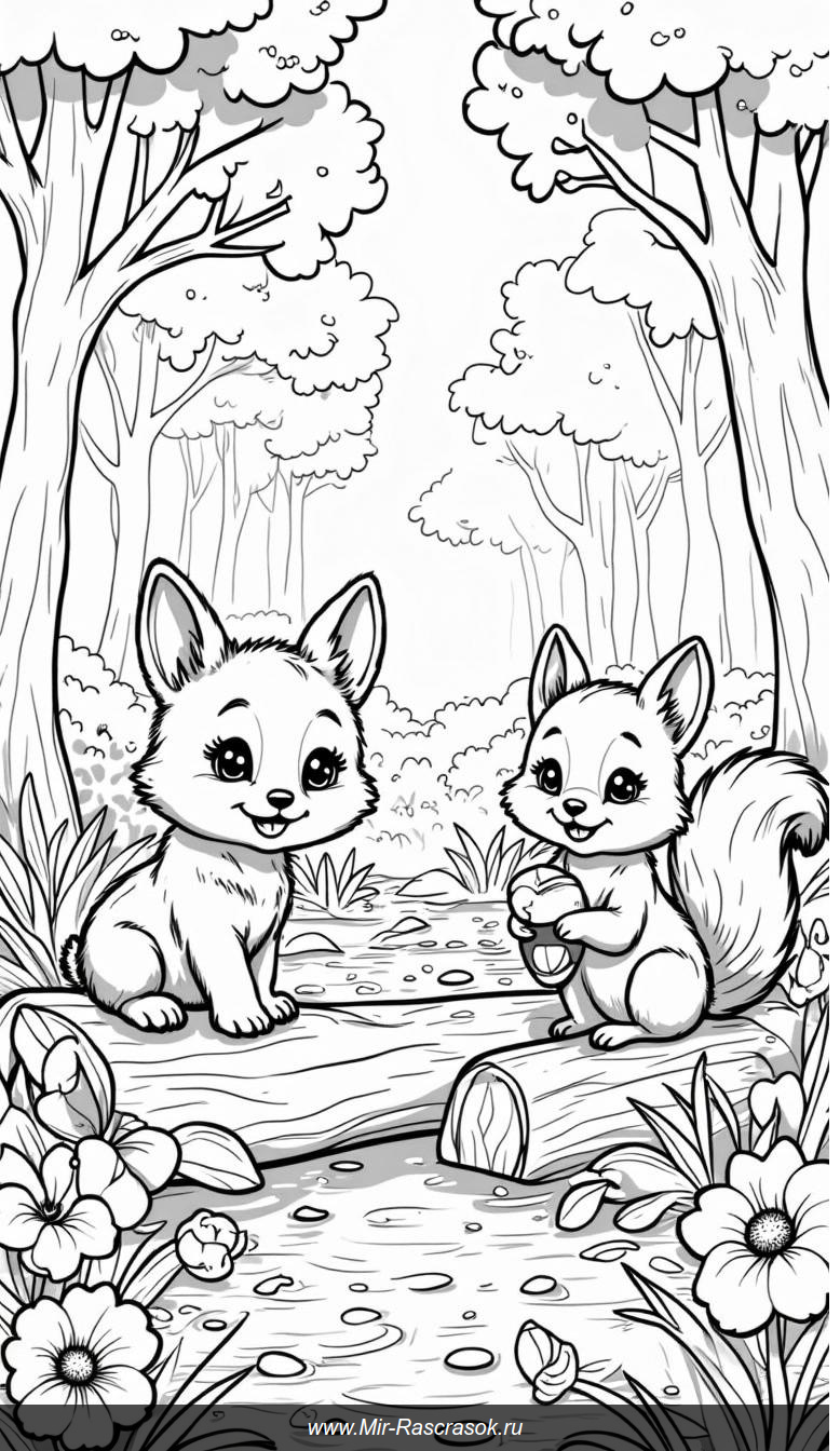 Лесная сказка: раскраска с милыми животными и цветами