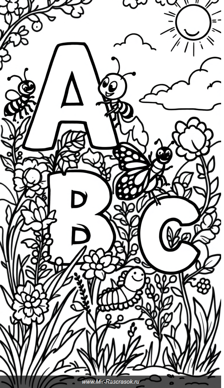 Веселый алфавит в раскраске с забавными животными и природой