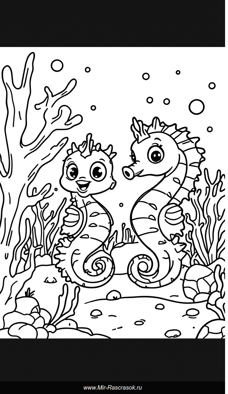 Раскраска с милыми морскими коньками и коралловым рифом для детей