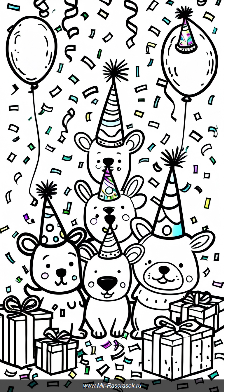 Весёлые животные в раскраске на праздничном дне рождения