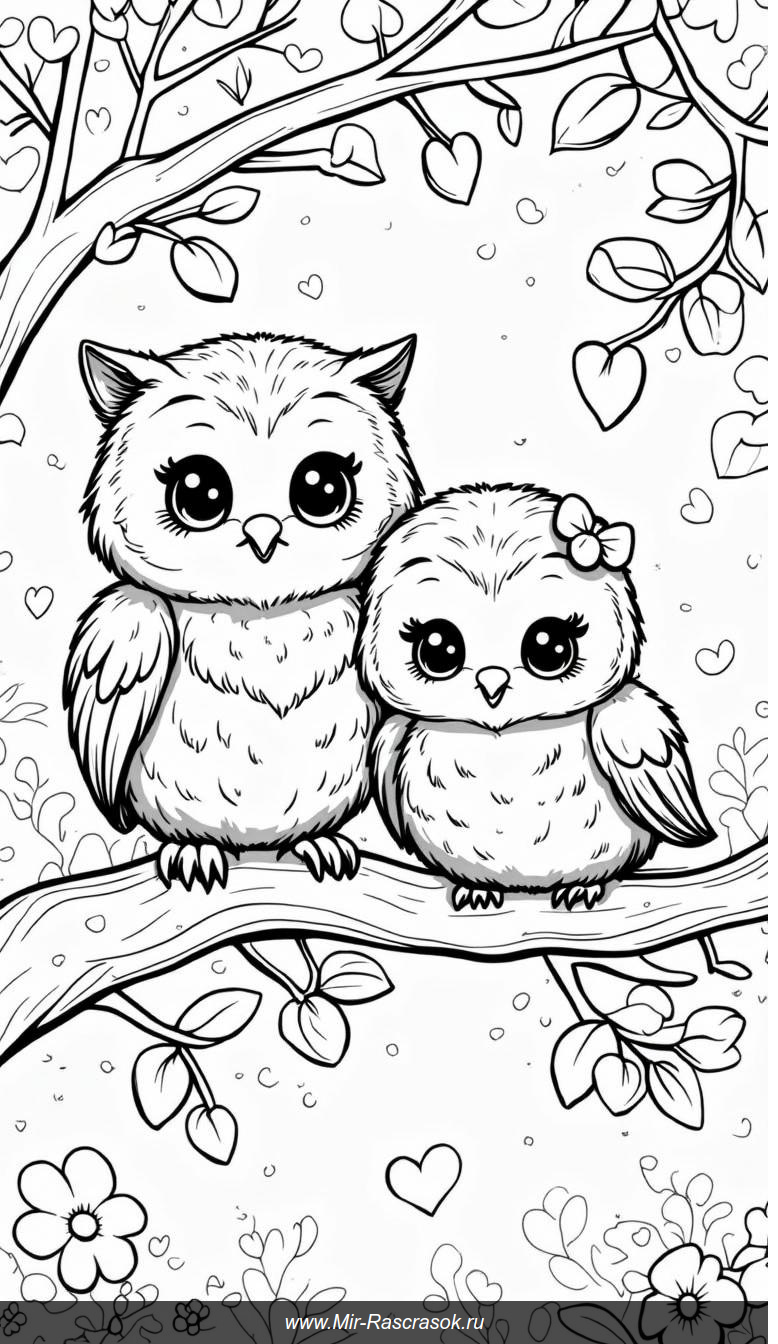 Два совенка на ветке среди сердечек