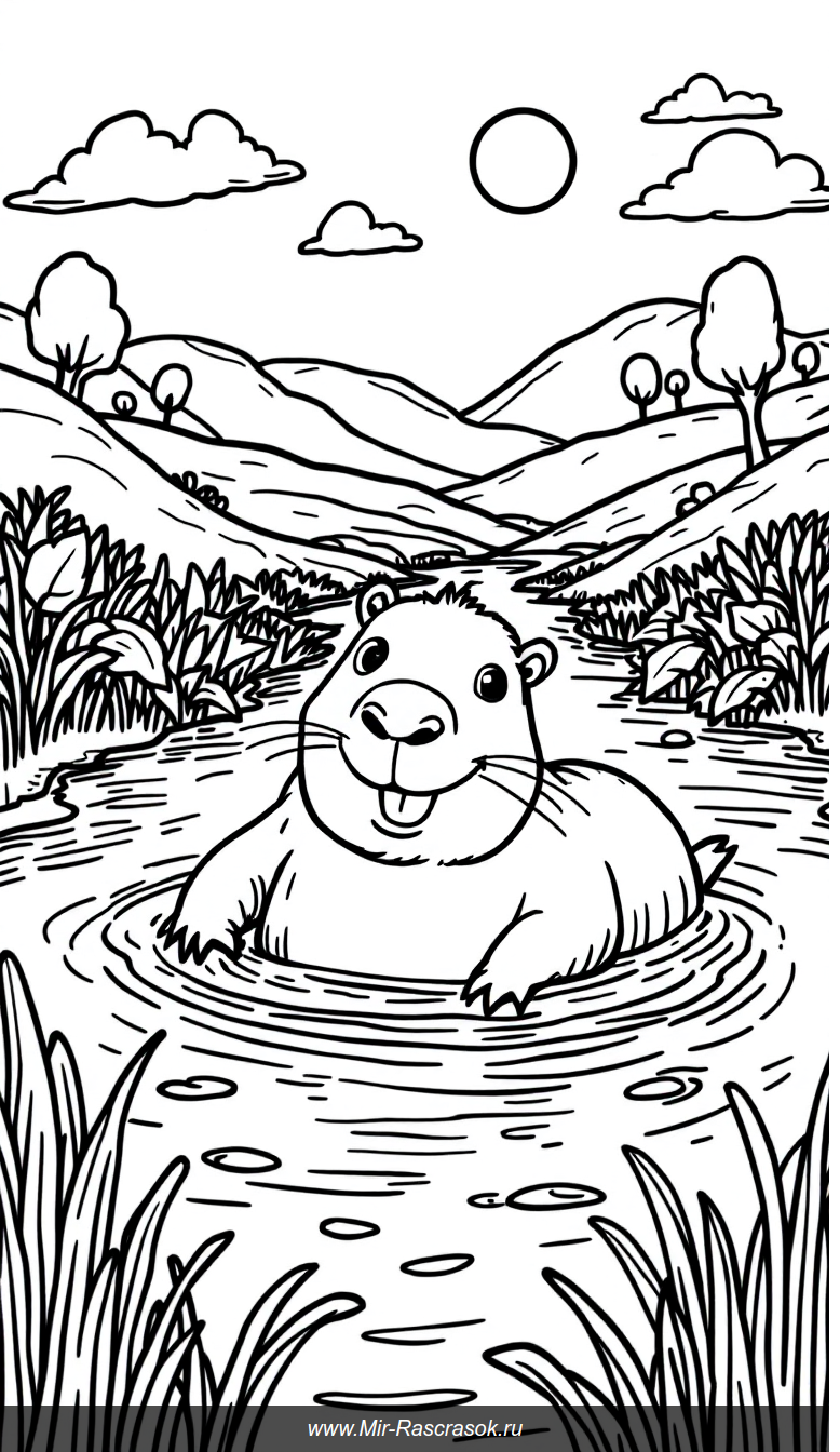 Весёлый капибара плывёт по реке раскраска для детей