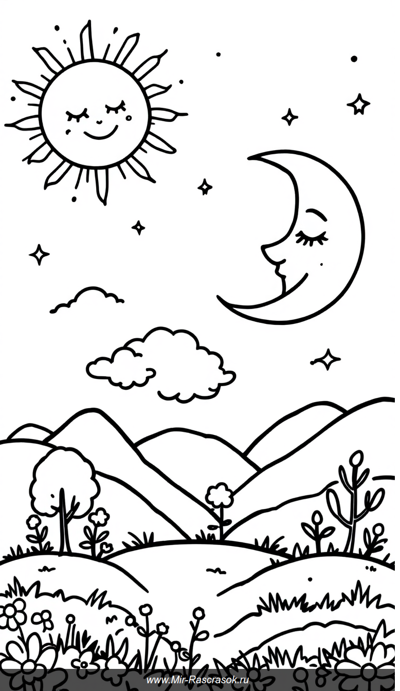 Веселое солнышко и спокойная луна в раскраске для детей