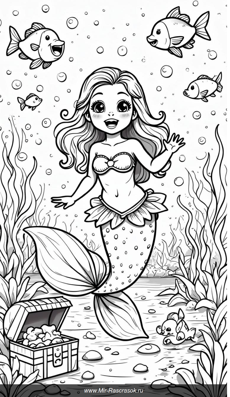 Раскраска подводного мира с игривой русалкой и сокровищами