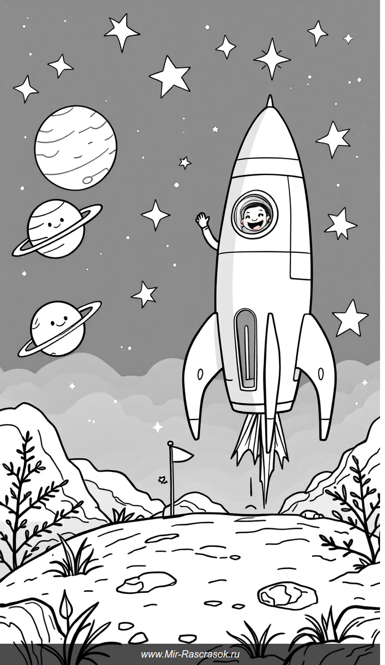 Дружелюбная космическая сцена для детской раскраски с ракетой и улыбчивыми планетами