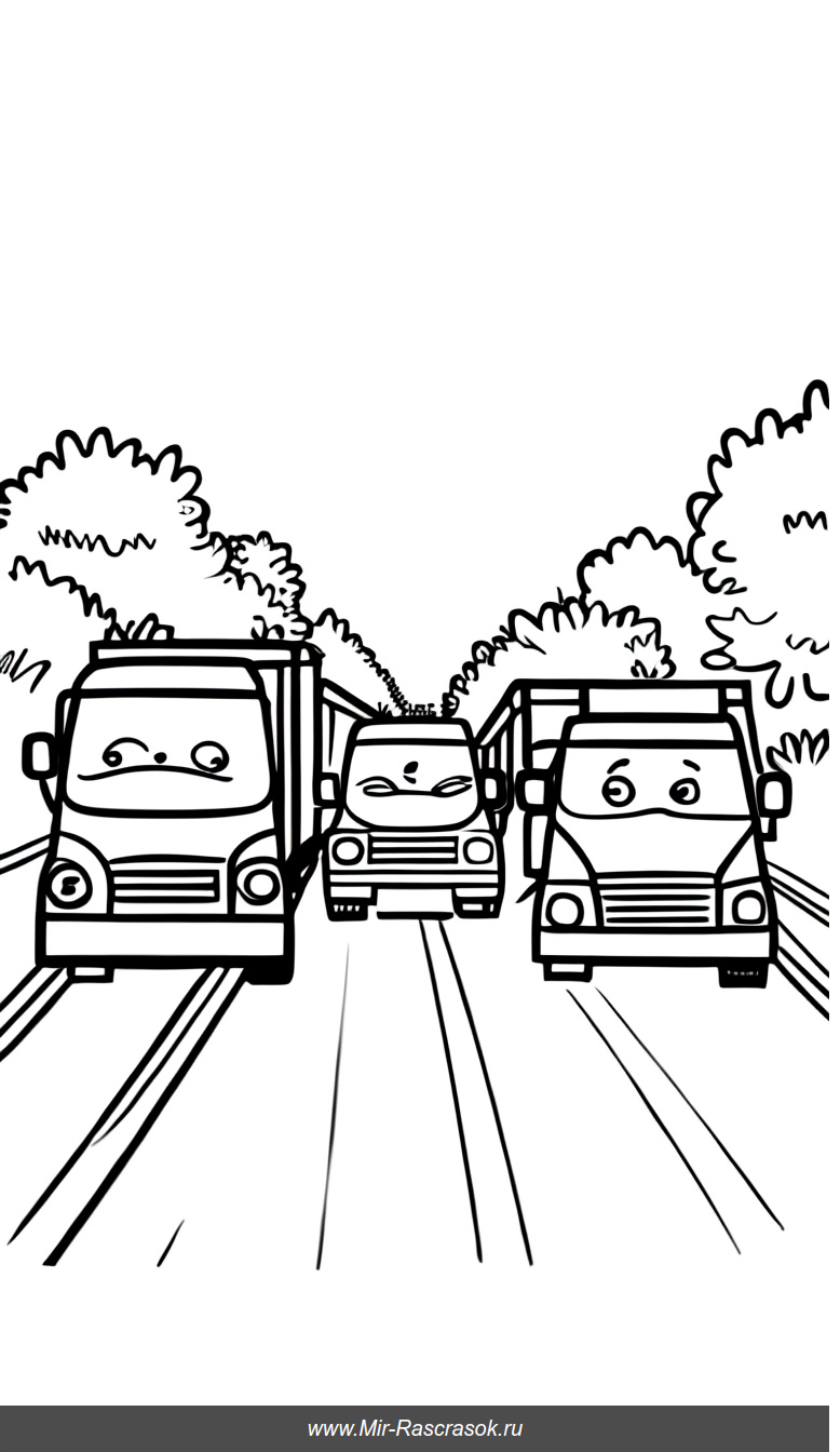Раскраска с простыми милыми машинками на дороге для маленьких детей