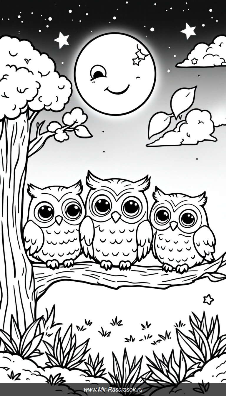 Три милые совы на ветке под улыбающейся луной для детской раскраски