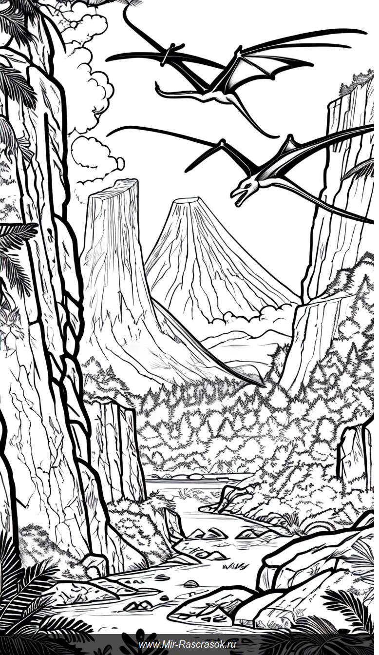 Раскраска доисторического мира с птеранодонами над скалами и лесом