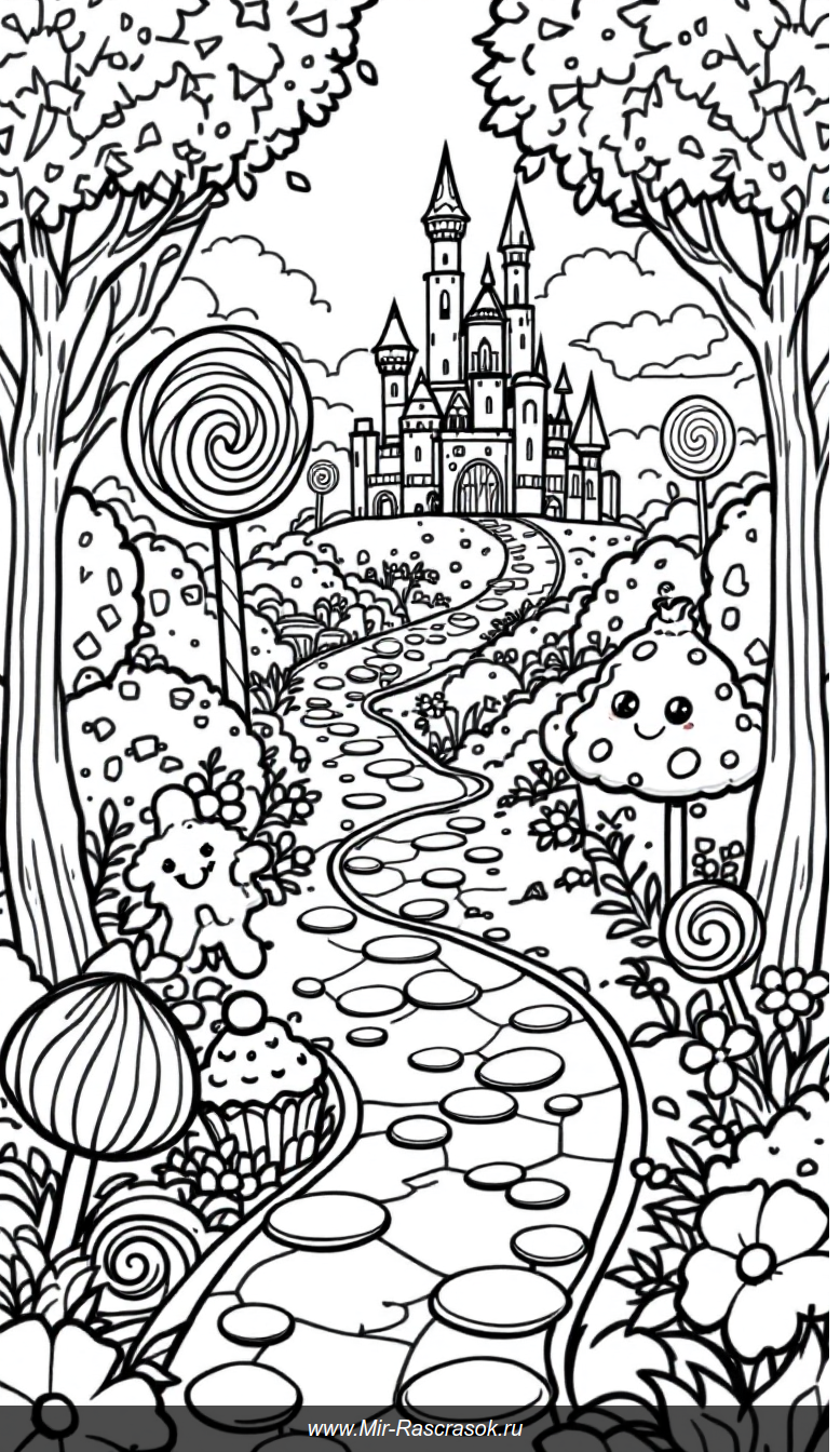 Сладкая страна приключений раскраска с улыбчивыми героями и конфетным лесом