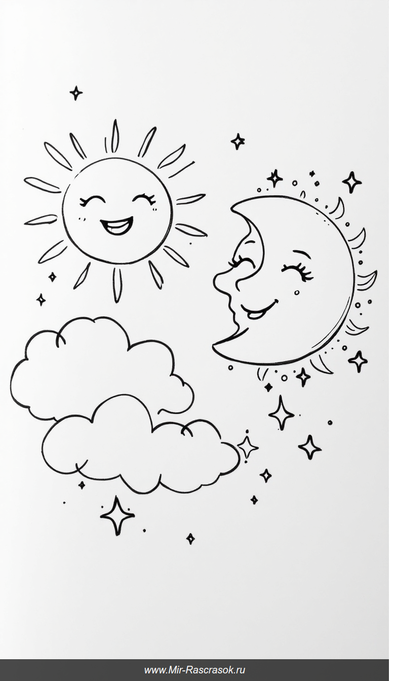 Весёлое солнце и спокойная луна для раскрашивания детям