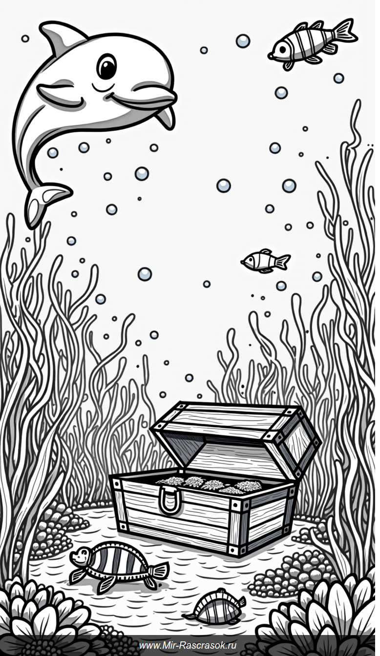Раскраска подводного мира с дружелюбным дельфином и сокровищем