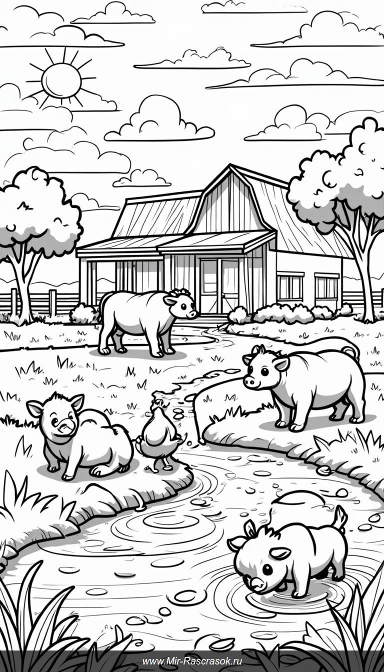 Веселая ферма в раскраске из черно-белых рисунков