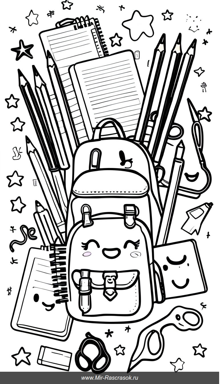 Веселая раскраска с улыбчивыми школьными принадлежностями для творчества