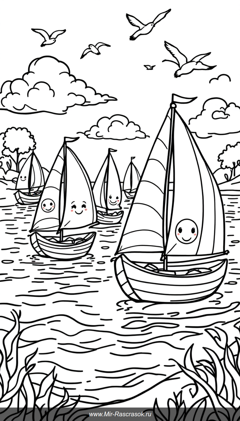 Погрузитесь в мир весёлых парусных лодок с этим раскрасками 🎨⛵ Простые контуры и дружелюбные детали помогут детям развить творческие способности и познакомиться с морской тематикой 🌊☀️ Идеально для маленьких художников которые любят приключения и море!