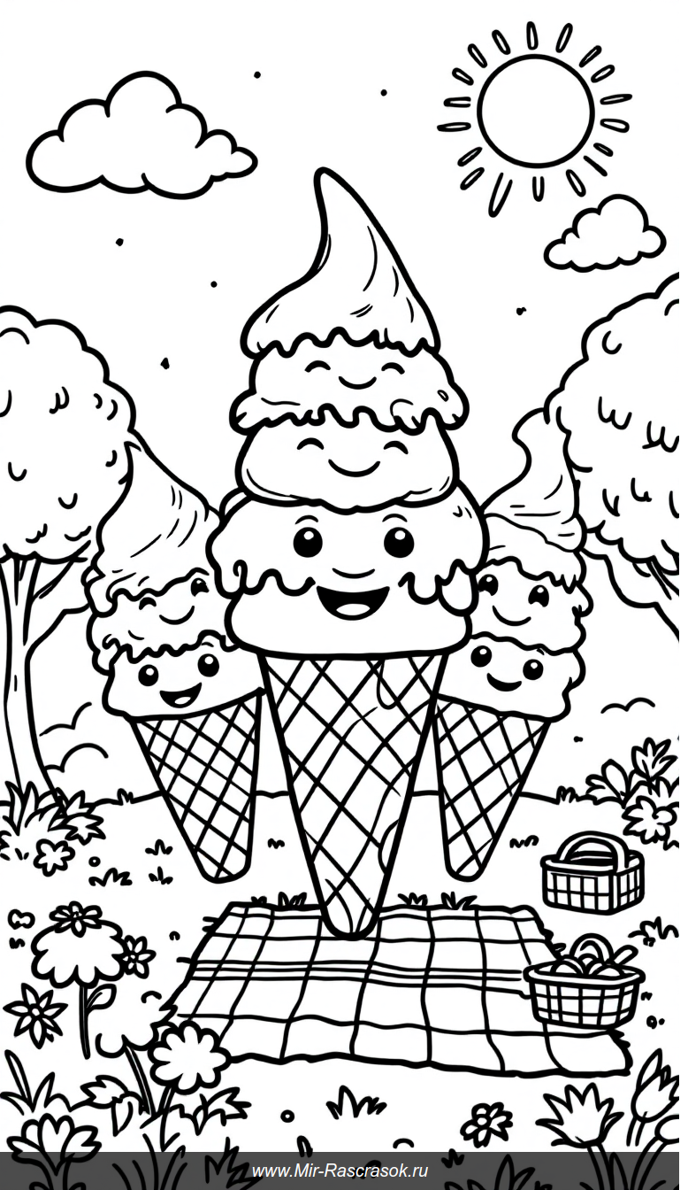 Веселое лето в парке раскраска с улыбающимися морожеными