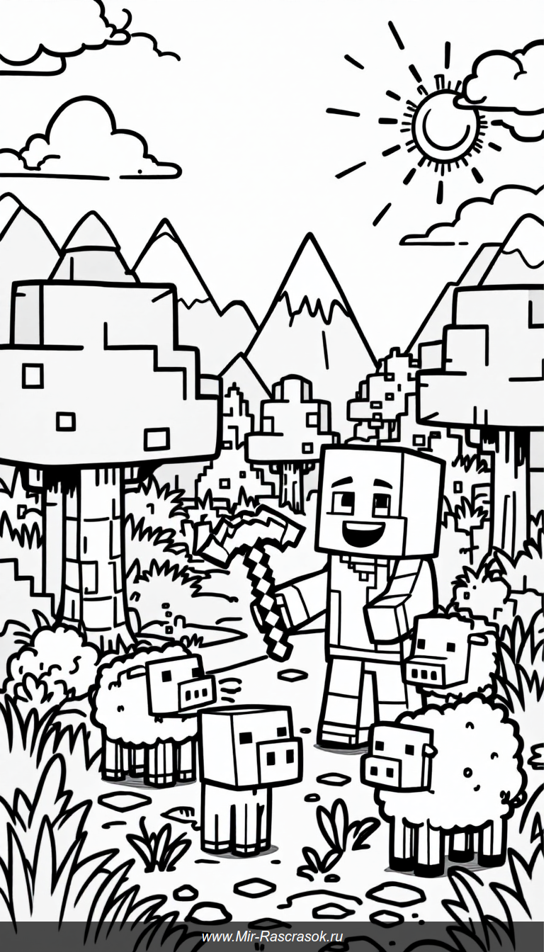 Раскраска майнкрафт для детей с забавными пиксельными героями