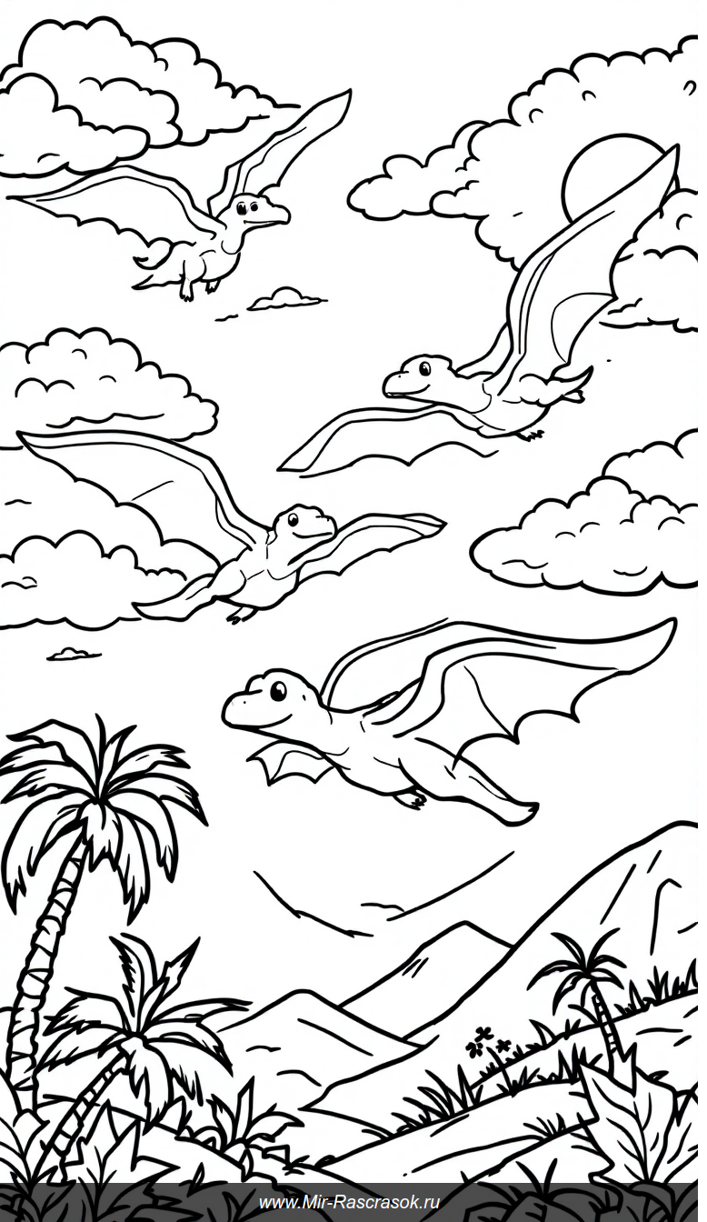 Веселые птеродактили в доисторическом раскраске для детей