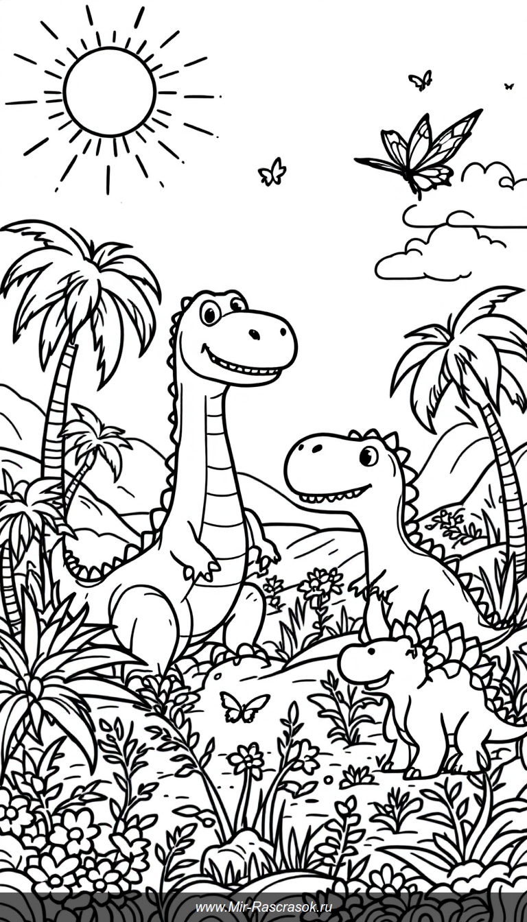 Откройте мир веселых динозавров с нашей раскраской для детей 🦖🌞 Простые и дружелюбные персонажи на фоне природы помогут развить творчество и подарят радость раскрашивания 🎨🌴 Идеально для маленьких любителей динозавров и приключений 🦕🦕