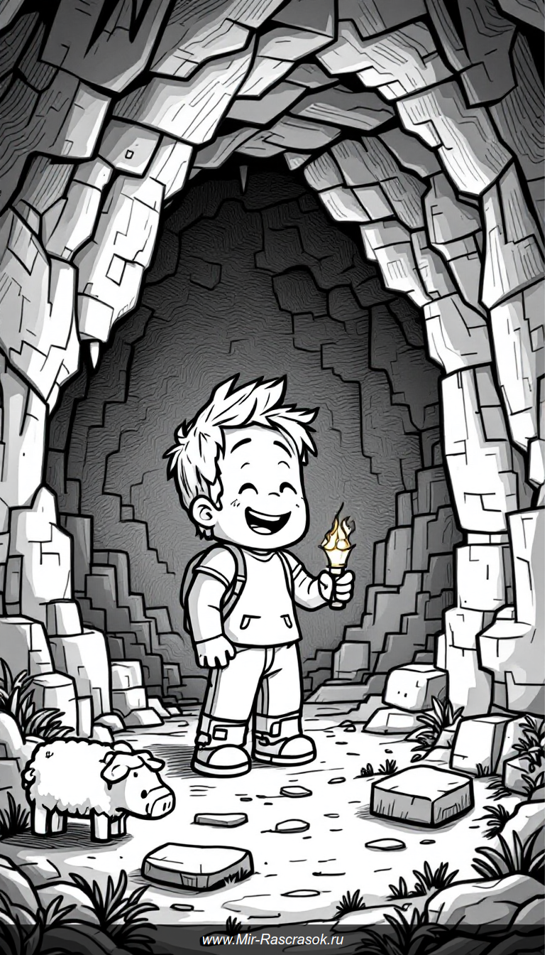 Веселое приключение ребенка в стиле Майнкрафт для раскрашивания
