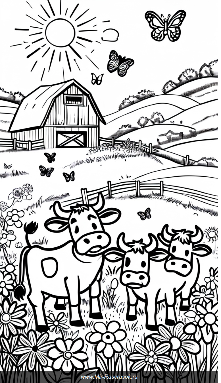 Раскраска с весёлыми коровами на солнечном лугу для детей