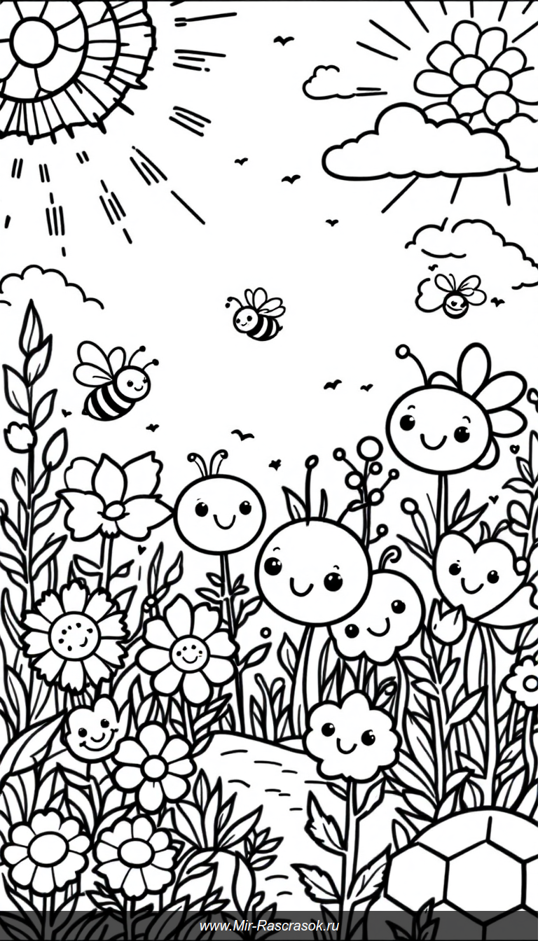 Веселые пчелки и цветы в раскраске для детей с яркими контурами