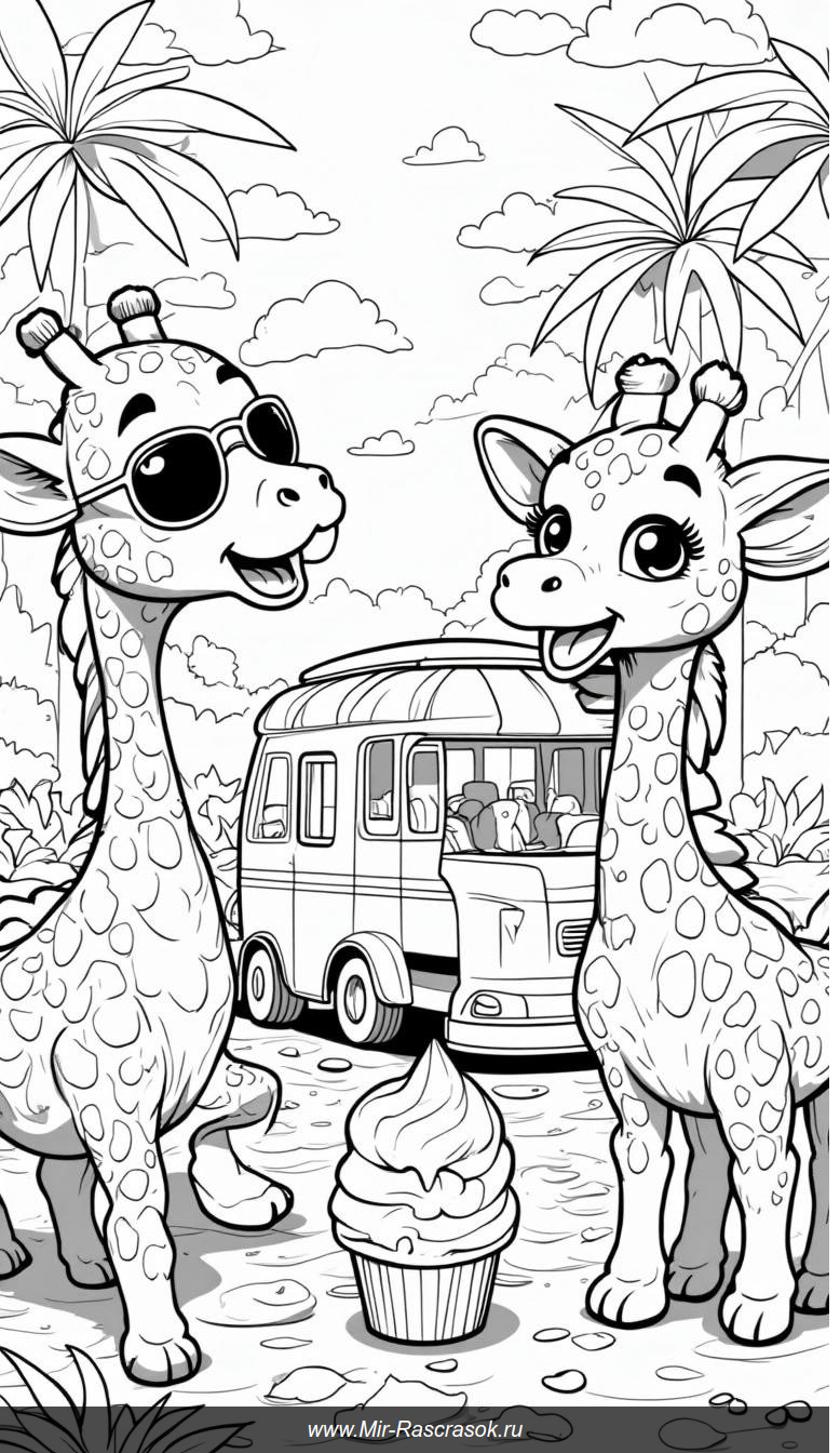 Веселые жирафы в очках и бабочках тянутся к мороженому