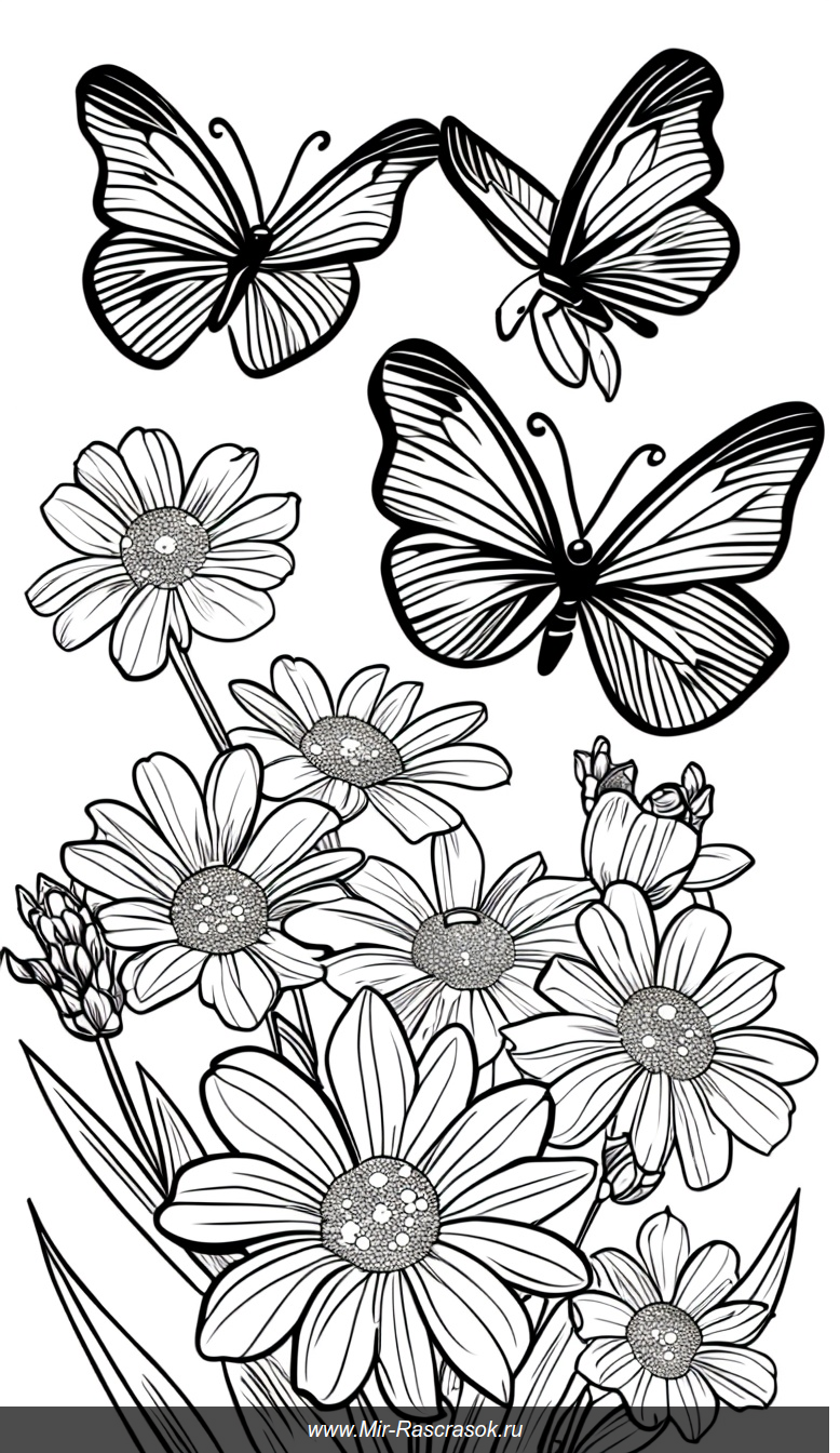 Раскраска с простыми бабочками и цветами для легкого творчества