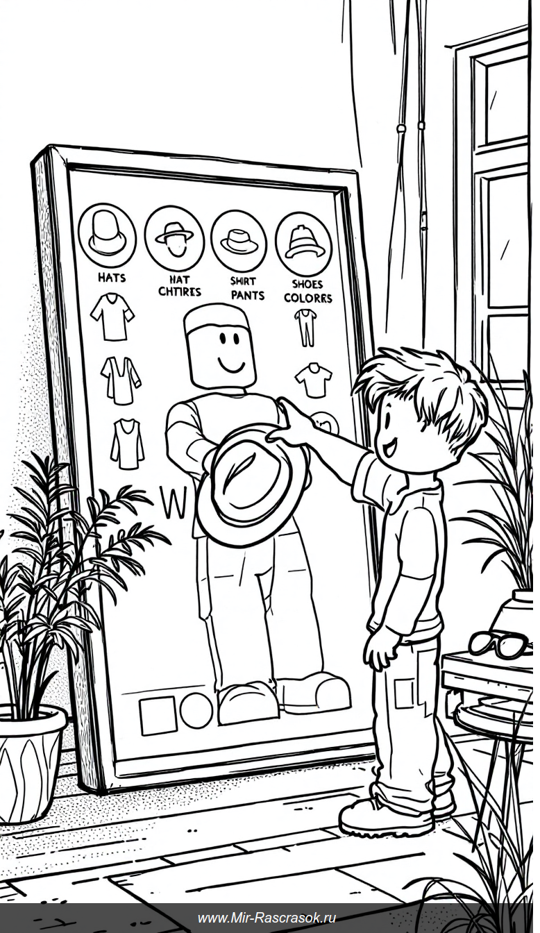 Весёлое раскрашивание Roblox: ребёнок выбирает шляпу перед зеркалом с аватаром