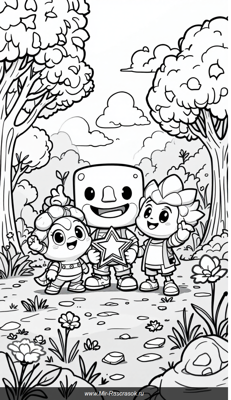 Весёлые герои Brawl Stars в раскраске для детей на солнечной поляне