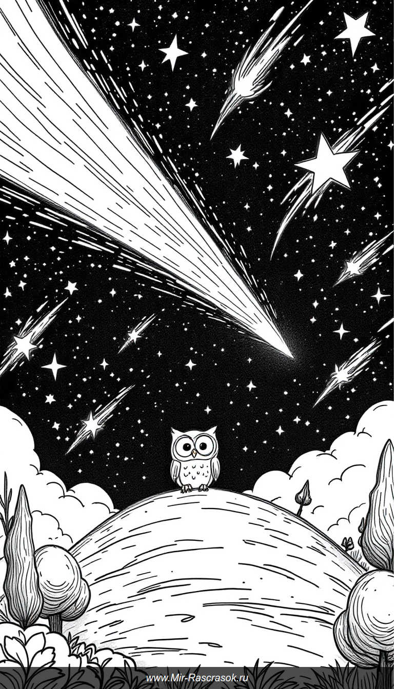 Волшебное ночное небо с кометами и совой для детской раскраски