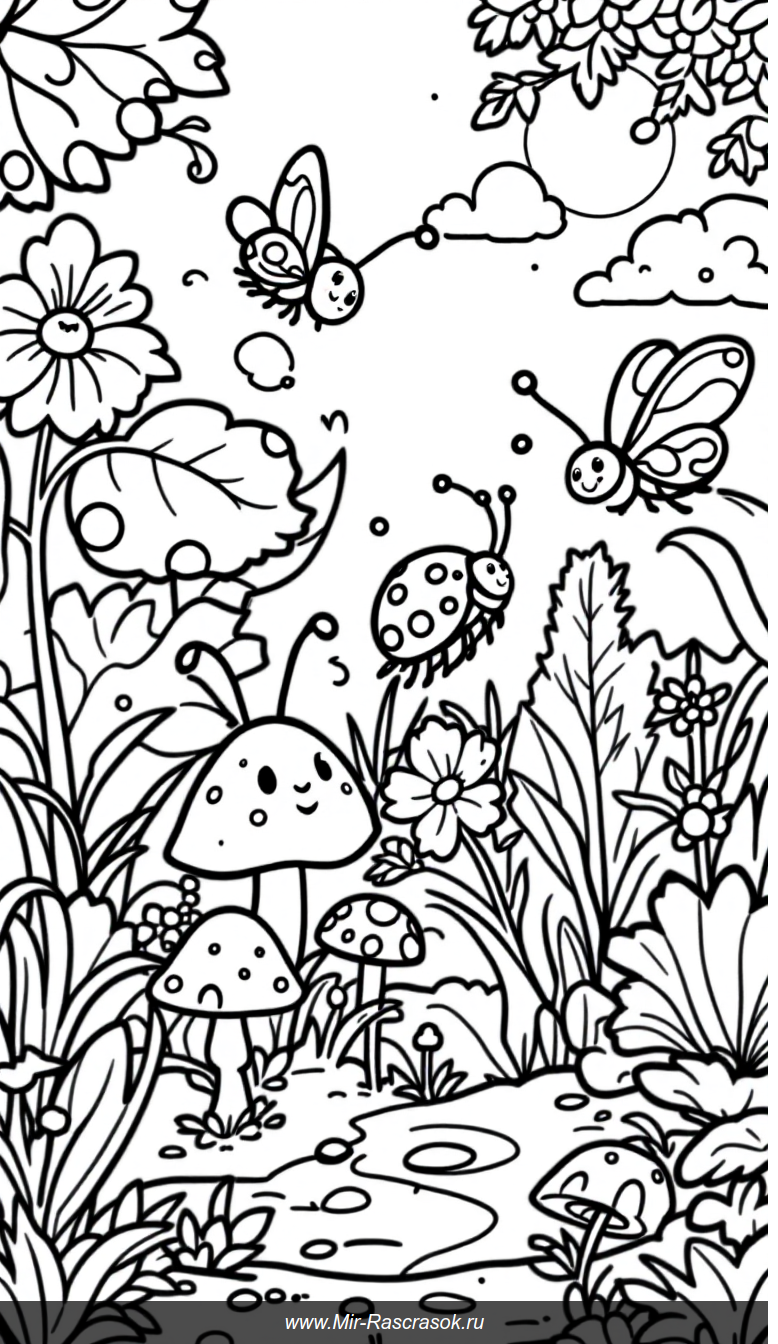 Весёлый сад с божьими коровками и бабочками для раскрашивания