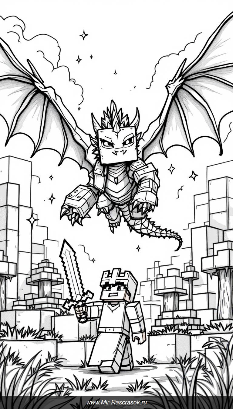 Дружелюбный дракон Эндера и герой Майкрафта на страницах раскраски для детей